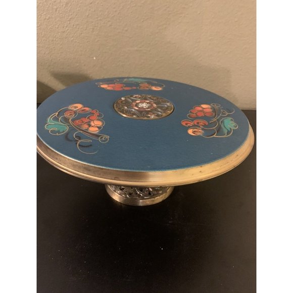 Israeli Bridal Hand Painted Pedestal Cake Stand, Brass & Enamel Ornate